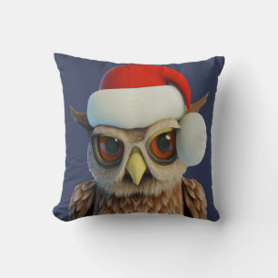 Funny Christmas Owl Wearing Santa Hat Throw Pillow