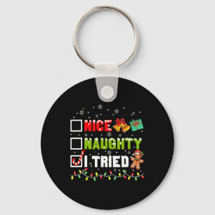 Funny Christmas Pajama Lights Nice Naughty I Tried Keychain