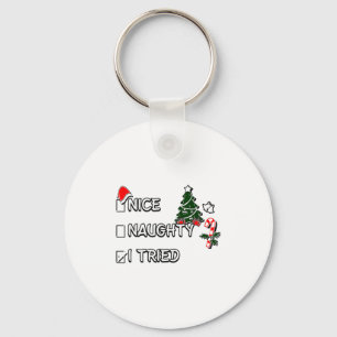 Funny Christmas Pajama Lights Nice Naughty I Tried Keychain
