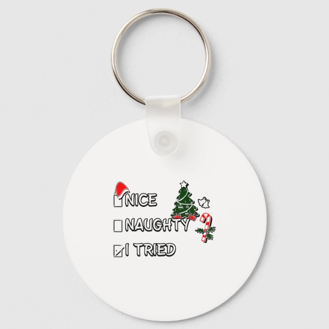Funny Christmas Pajama Lights Nice Naughty I Tried Keychain (Front)
