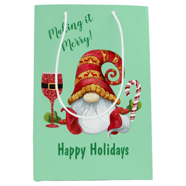 Funny Christmas Party Gnome Medium Gift Bag (Front)