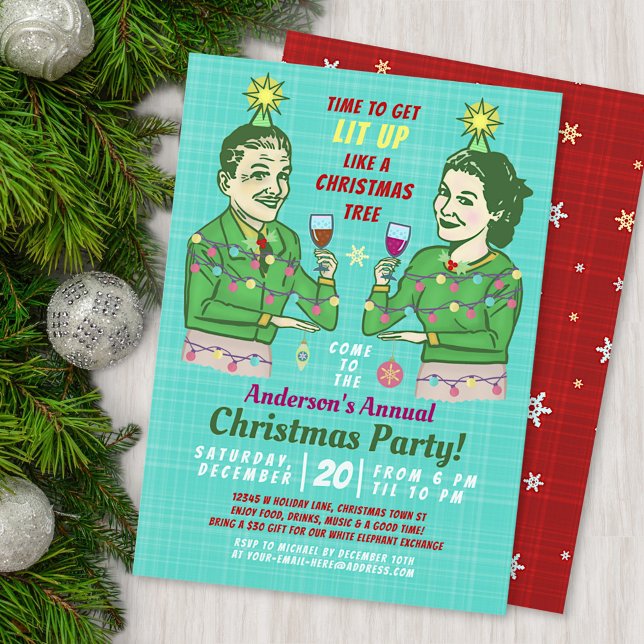 Funny Christmas Party Retro Adult Drinking Lit Up Invitation (Creator Uploaded)