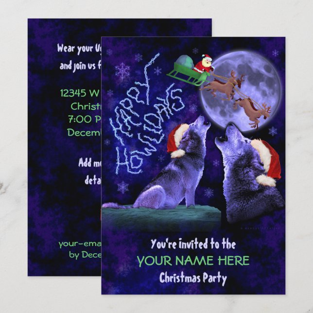 Funny Christmas Party Ugly Sweater Wolf Pun Invitation (Front/Back)