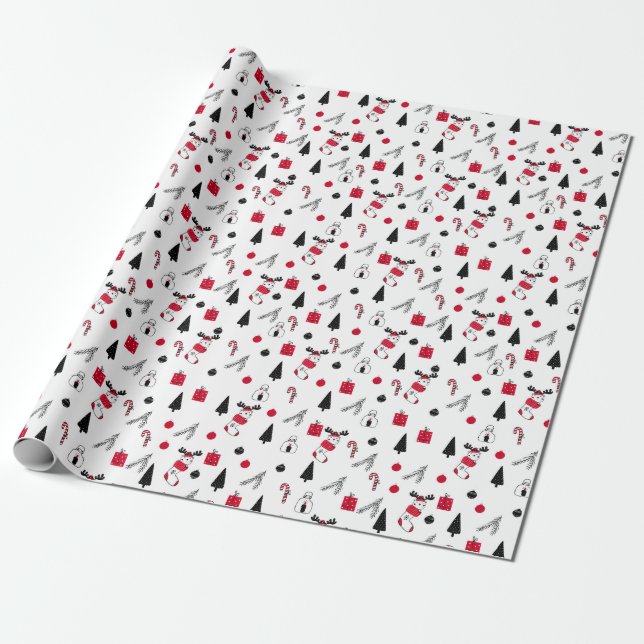 Funny Christmas Pattern Of Red, Black, White Wrapping Paper (Unrolled)