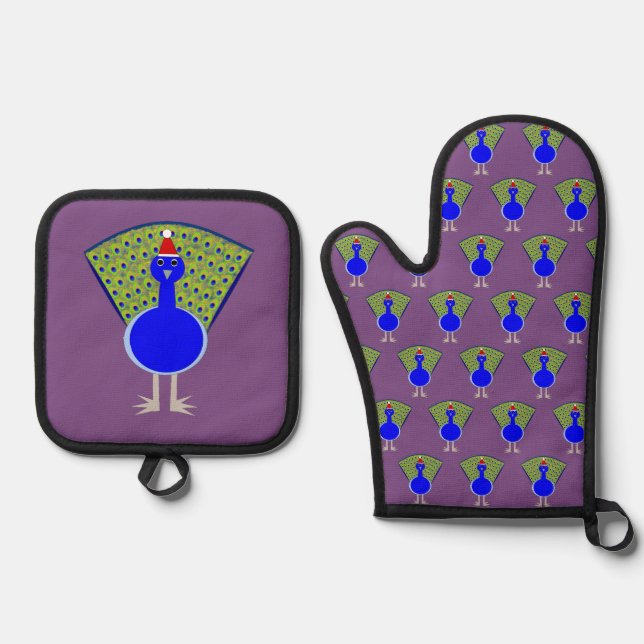 Funny Christmas Peacock Oven Mitt & Pot Holder Set (Front)