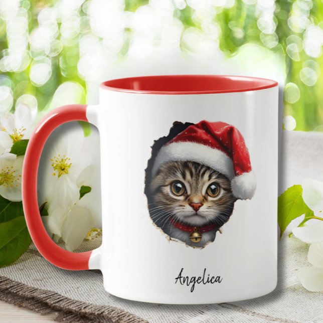 Funny Christmas Peeking Cat With Santa Hat Custom Mug (Creator Uploaded)
