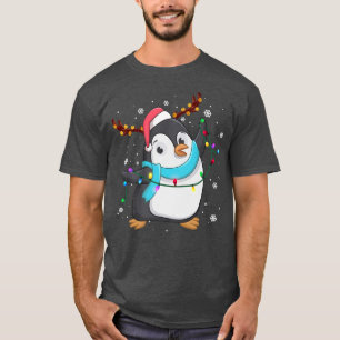 Funny Christmas Penguin Reindeer Santa Hat Lights T-Shirt