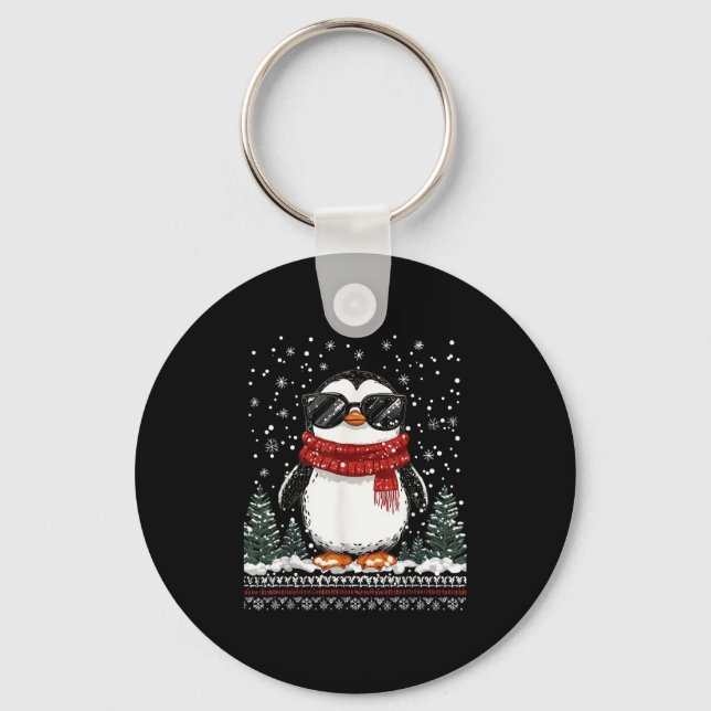 Funny Christmas Penguin With Sungles Ugly Christma Keychain (Front)
