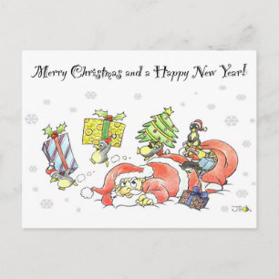 Funny Christmas Penguins and Santa Holiday Postcard