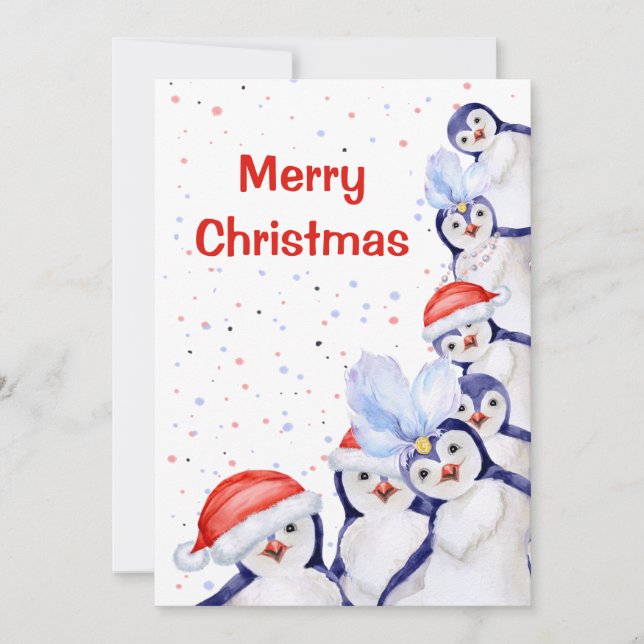 Funny Christmas Penguins Watercolor Holiday Card (Front)