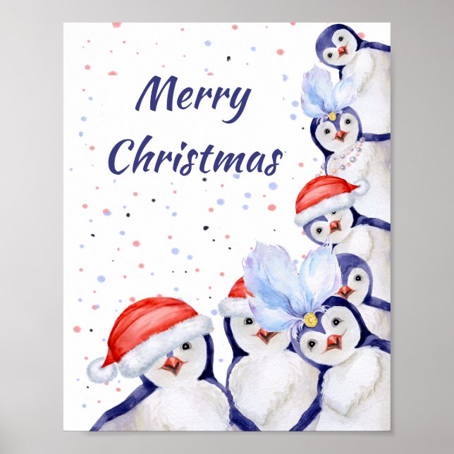 Funny Christmas Penguins Watercolor Poster (Front)