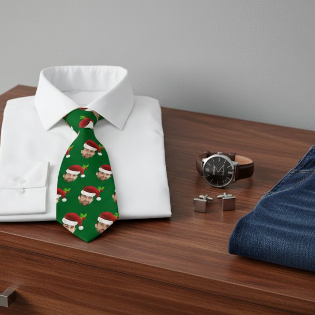 Funny Christmas Photo Face Santa Hat Cravate cadea (funny mens christmas tie with photo face and santa hat stocking stuffer gift for dad husband men)