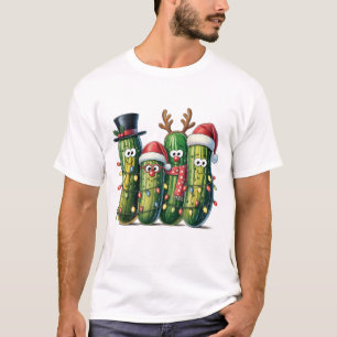 Funny Christmas Pickle Family Santa Hat Lights Art T-Shirt