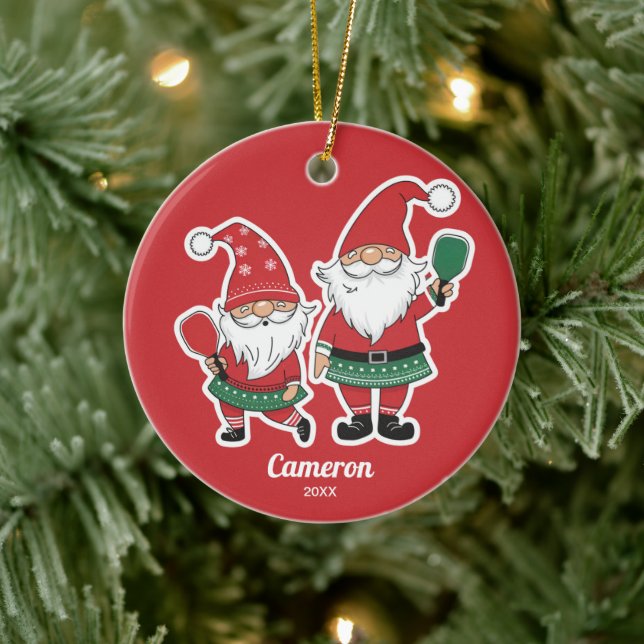 Funny Christmas Pickleball Gnomes, Your Photo Text Ceramic Ornament (Tree)