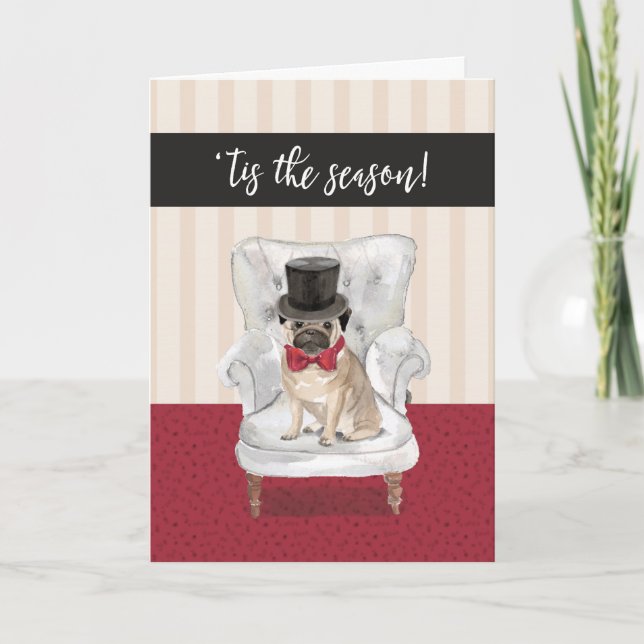 Funny Christmas Pug Dog in Top Hat and Bow Holiday Card (Front)