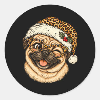 Funny Christmas Pug With Leopard Santa Hat Cute Classic Round Sticker
