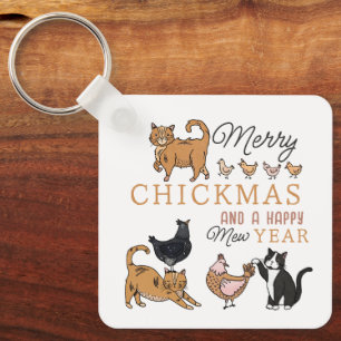 Funny Christmas Puns Cats and Chickens Keychain
