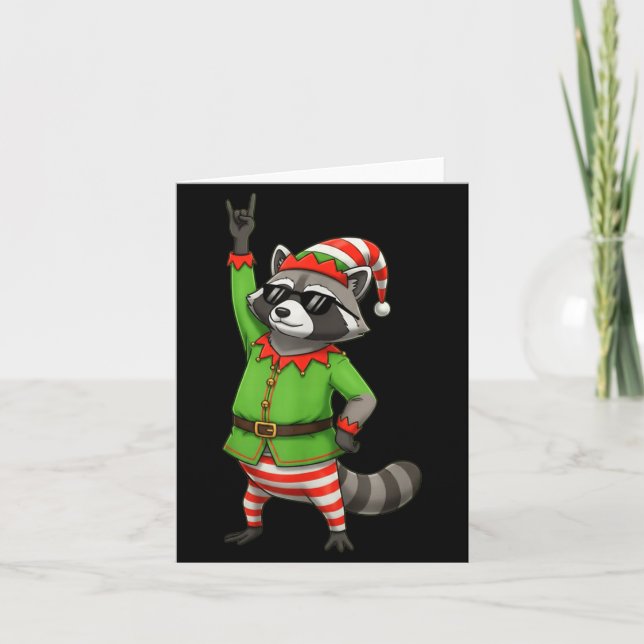 Funny Christmas Raccoon Dressed As Elf With Sungle Card (Front)