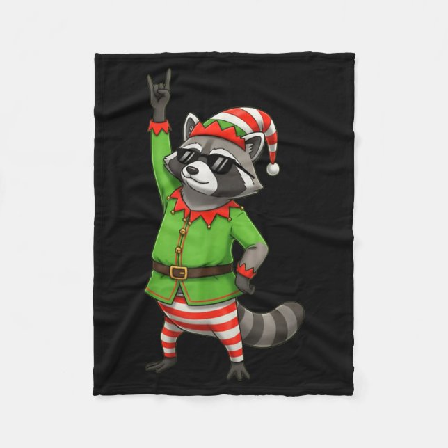 Funny Christmas Raccoon Dressed As Elf With Sungle Fleece Blanket (Front)