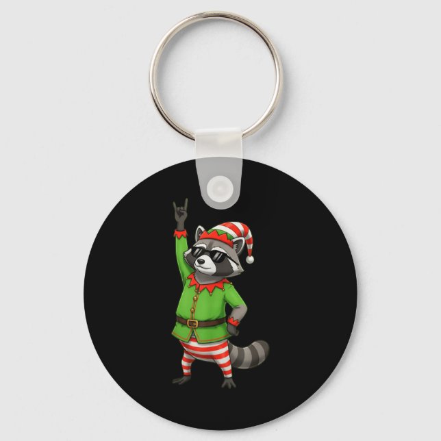 Funny Christmas Raccoon Dressed As Elf With Sungle Keychain (Front)