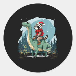 Funny Christmas Raccoon Riding Dinosaur Trex Anima Classic Round Sticker