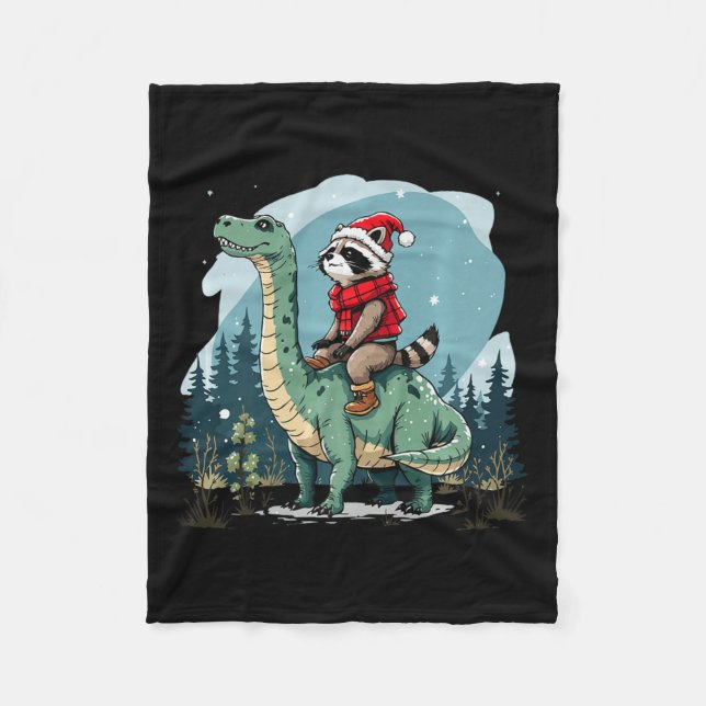 Funny Christmas Raccoon Riding Dinosaur Trex Anima Fleece Blanket (Front)