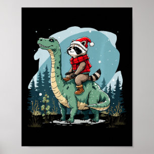 Funny Christmas Raccoon Riding Dinosaur Trex Anima Poster