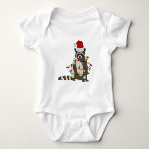 Funny Christmas Raccoon Santa Hat Xmas Lights   Baby Bodysuit