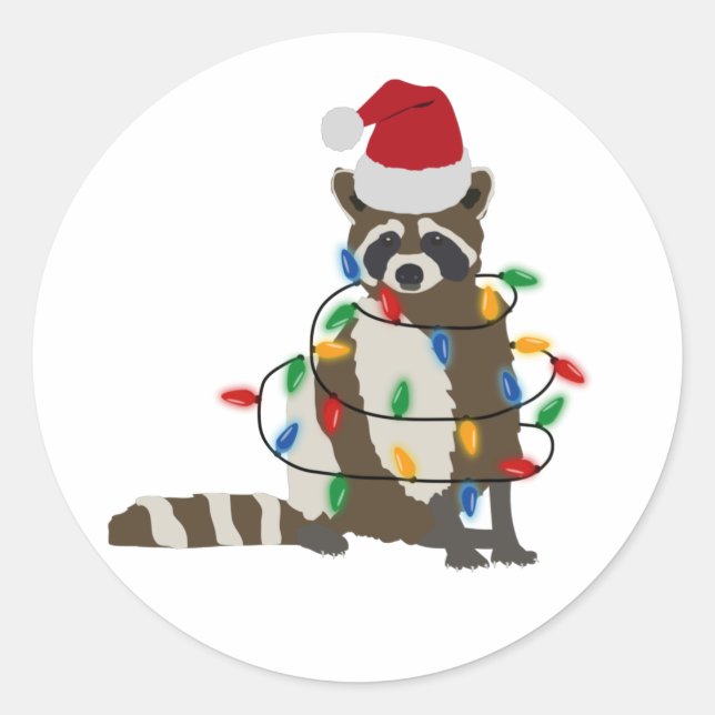 Funny Christmas Raccoon Santa Hat Xmas Lights   Classic Round Sticker (Front)