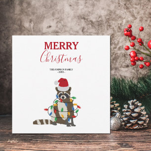 Funny Christmas Raccoon Santa Hat Xmas Lights Holiday Card