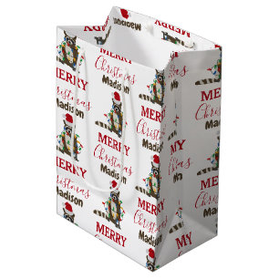 Funny Christmas Raccoon Santa Hat Xmas Lights Medium Gift Bag