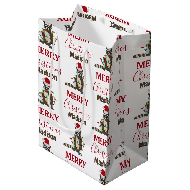 Funny Christmas Raccoon Santa Hat Xmas Lights    Medium Gift Bag (Front Angled)