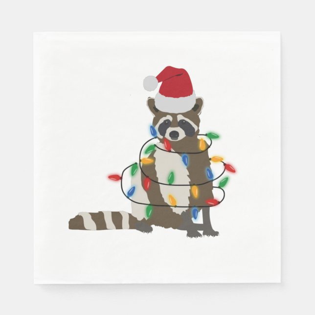 Funny Christmas Raccoon Santa Hat Xmas Lights   Napkin (Front)