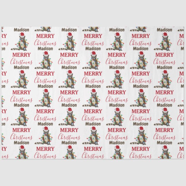 Funny Christmas Raccoon Santa Hat Xmas Lights Tissue Paper (Front)