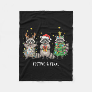 Funny Christmas Racoon - Feral But Festive  Fleece Blanket