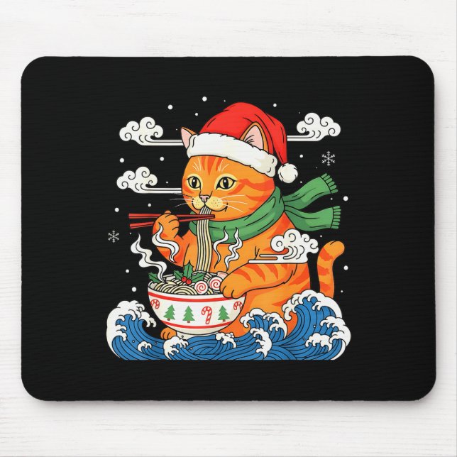 Funny Christmas Ramen Cat Eating Noodles Japanese  Mouse Pad (Front)