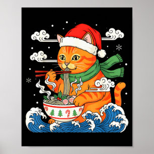 Funny Christmas Ramen Cat Eating Noodles Japanese  Poster