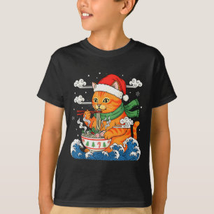 Funny Christmas Ramen Cat Eating Noodles Japanese  T-Shirt