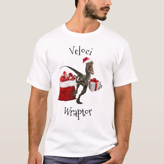 Funny Christmas Raptor Wrapping Dinosaur T-Shirt (Front)