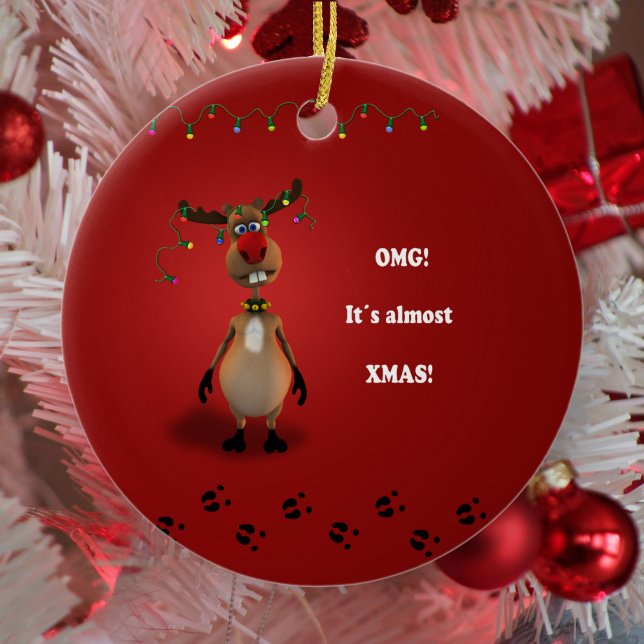 Funny Christmas Red Nosed Reindeer Ceramic Ornament (Creator Uploaded)
