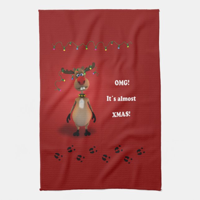 Funny Christmas Red Nosed Reindeer Kitchen Towel (Vertical)