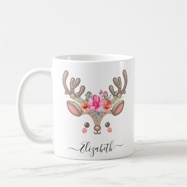 Funny Christmas Reindeer Faces Custom Name Coffee Mug (Left)