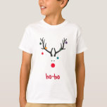 Funny Christmas reindeer head on white T-Shirt<br><div class="desc">A funny and cute modern abstract image of a reindeer head with a red nose.  With Christmas ornaments,  baubles hanging from the antlers. White background,  
Colours: white,  red,  grey,  blue,  green. Red letters and the text: ho-ho (change this if you want another text)</div>