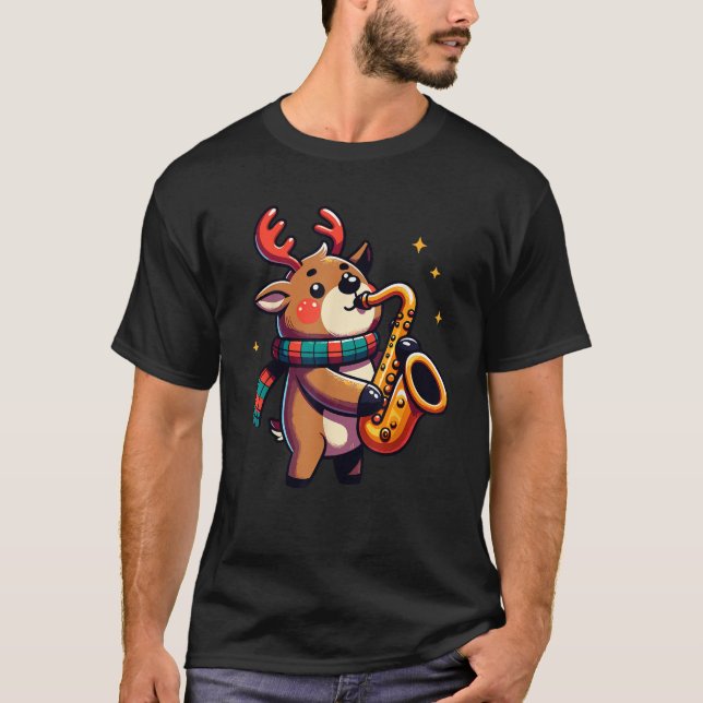 Funny Christmas Reindeer Playing Saxophone  T-Shirt (Front)