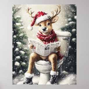 Funny Christmas Reindeer Reading on the Toilet Poster