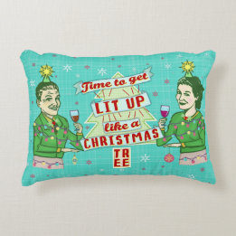 Funny Christmas Retro Drinking Humour Couple Lit Decorative Pillow