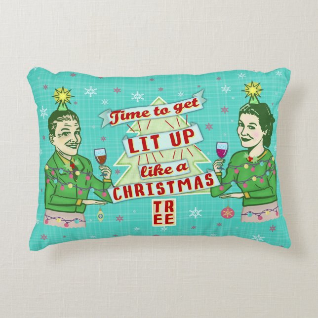 Funny Christmas Retro Drinking Humour Couple Lit Decorative Pillow (Front)
