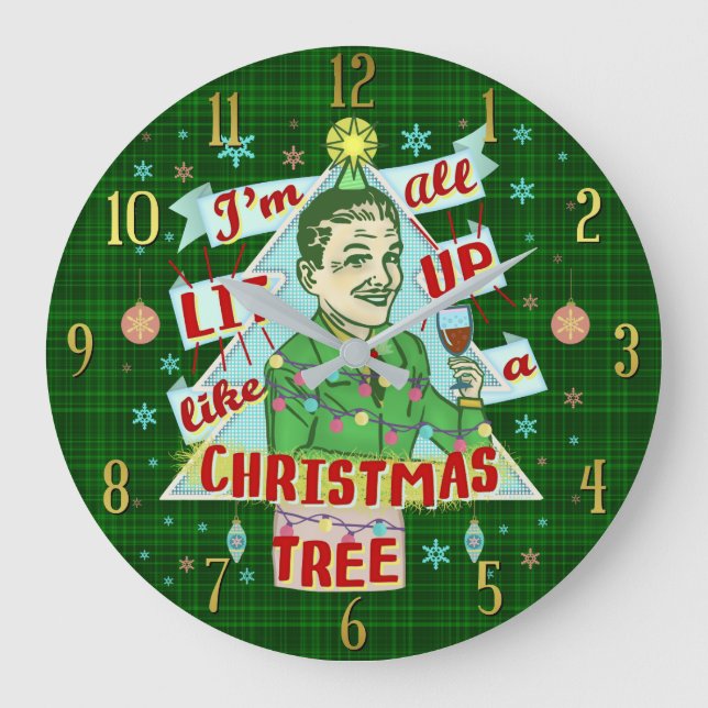 Funny Christmas Retro Drinking Humour Man Lit Up Large Clock (Front)