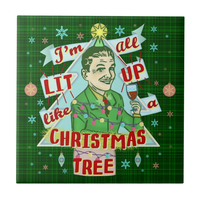 Funny Christmas Retro Drinking Humour Man Lit Up Tile (Front)