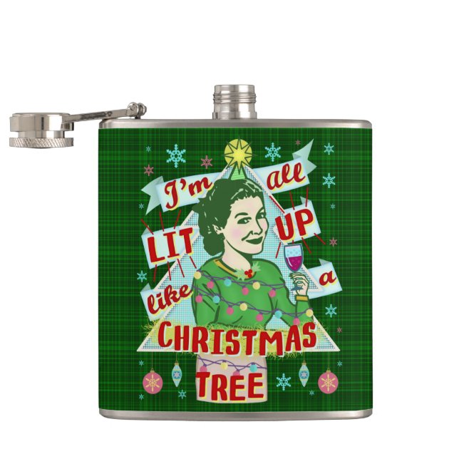 Funny Christmas Retro Drinking Humour Woman Lit Up Hip Flask (Opened)